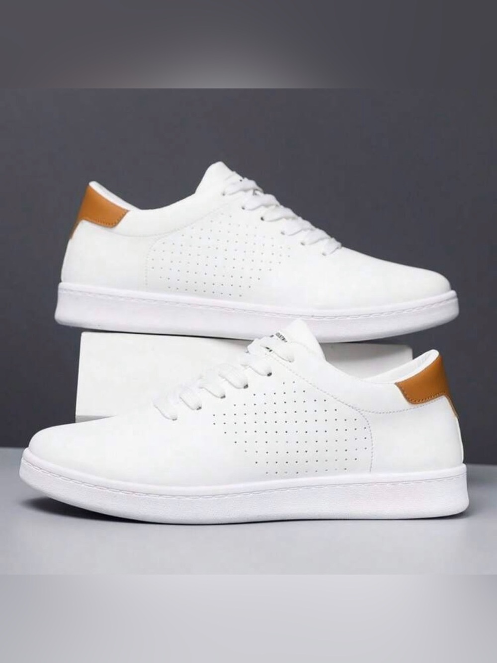White Men's Casual Sneakers with Tan Heel Accent